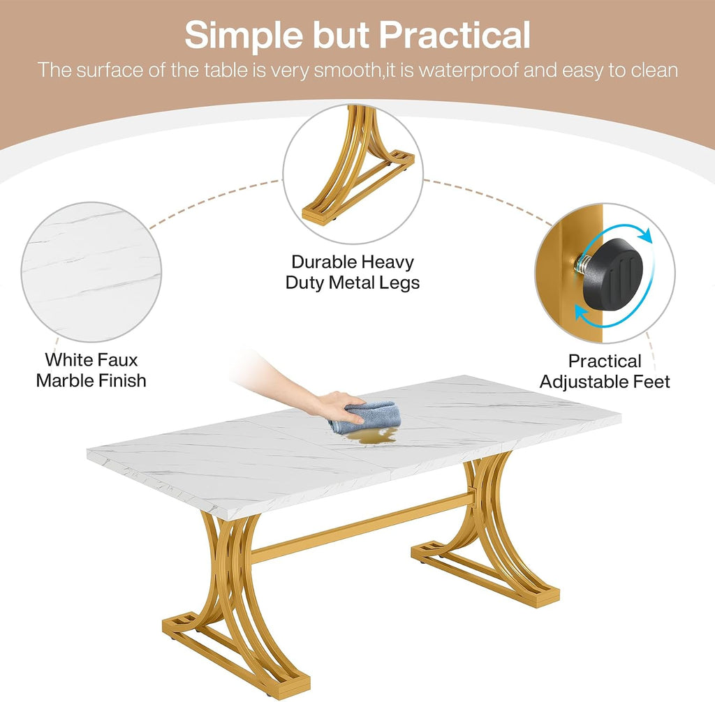 Tribesigns 63-Inch Rectangular Dining Table for 4 to 6, Modern Kitchen Tables with Stylish Metal Trestle Legs, Large Dinner Tables for Dining Room, Only Table (White+Gold)