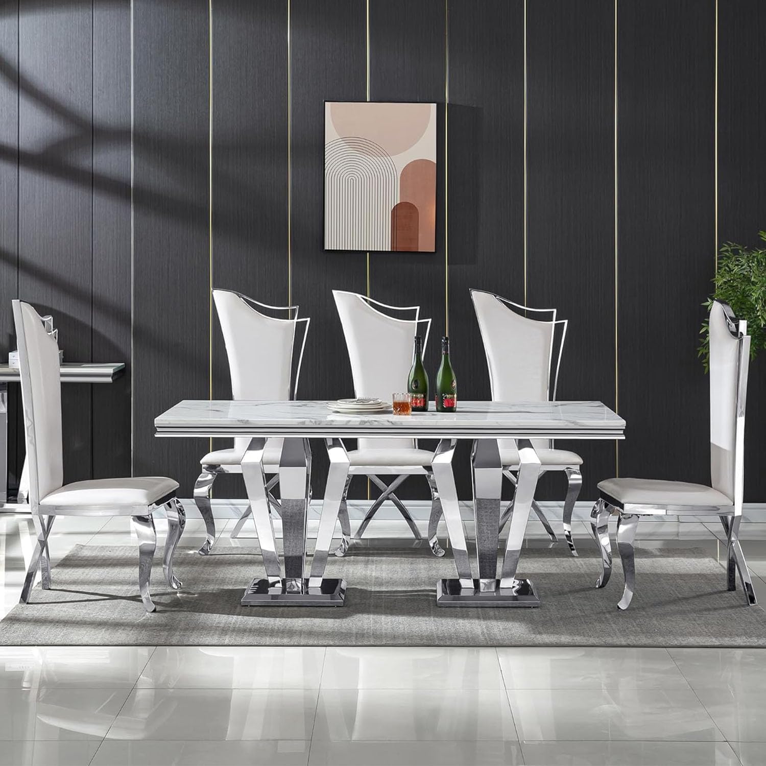 68' White Marble Dining Table for 6-8, Mid Century Modern Dining Table with Faux Marble Top & Mirrored Dimaond Shape Stainless Steel Base, Large Luxury Rectangular Dinner Table for Kitchen Dining Room