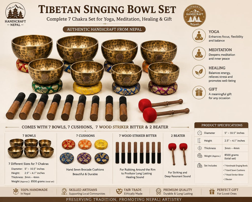Chakra Healing Tibetan Singing Bowl - Set of 7 - Hand Hammered Tibetan Meditation Singing Bowl Nepal
