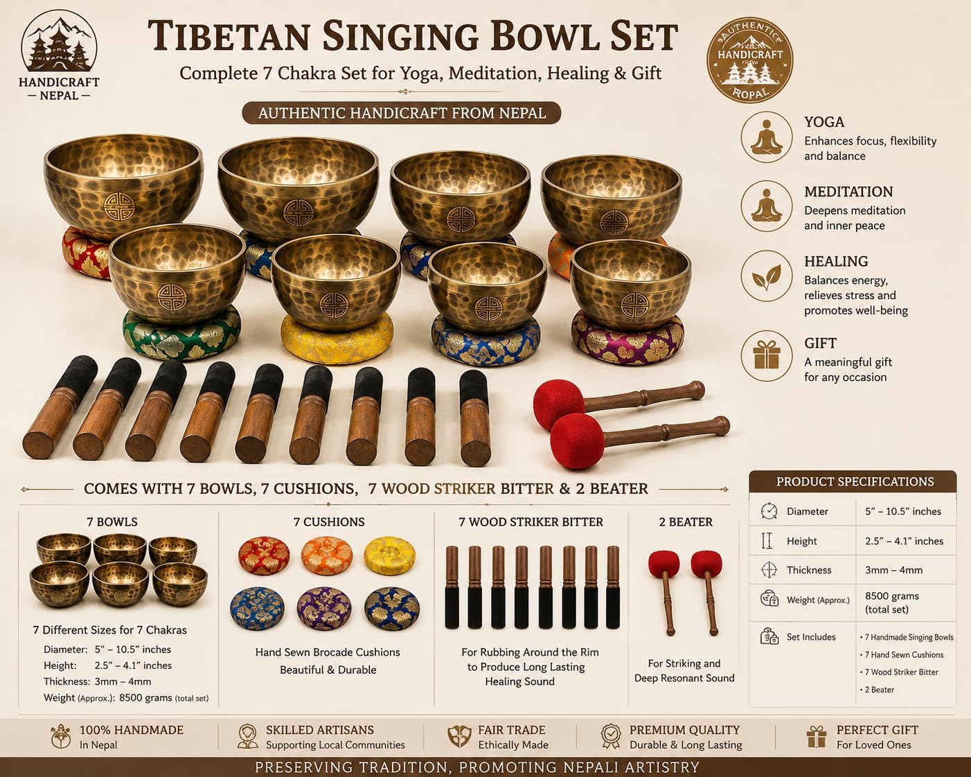 Chakra Healing Tibetan Singing Bowl - Set of 7 - Hand Hammered Tibetan Meditation Singing Bowl Nepal