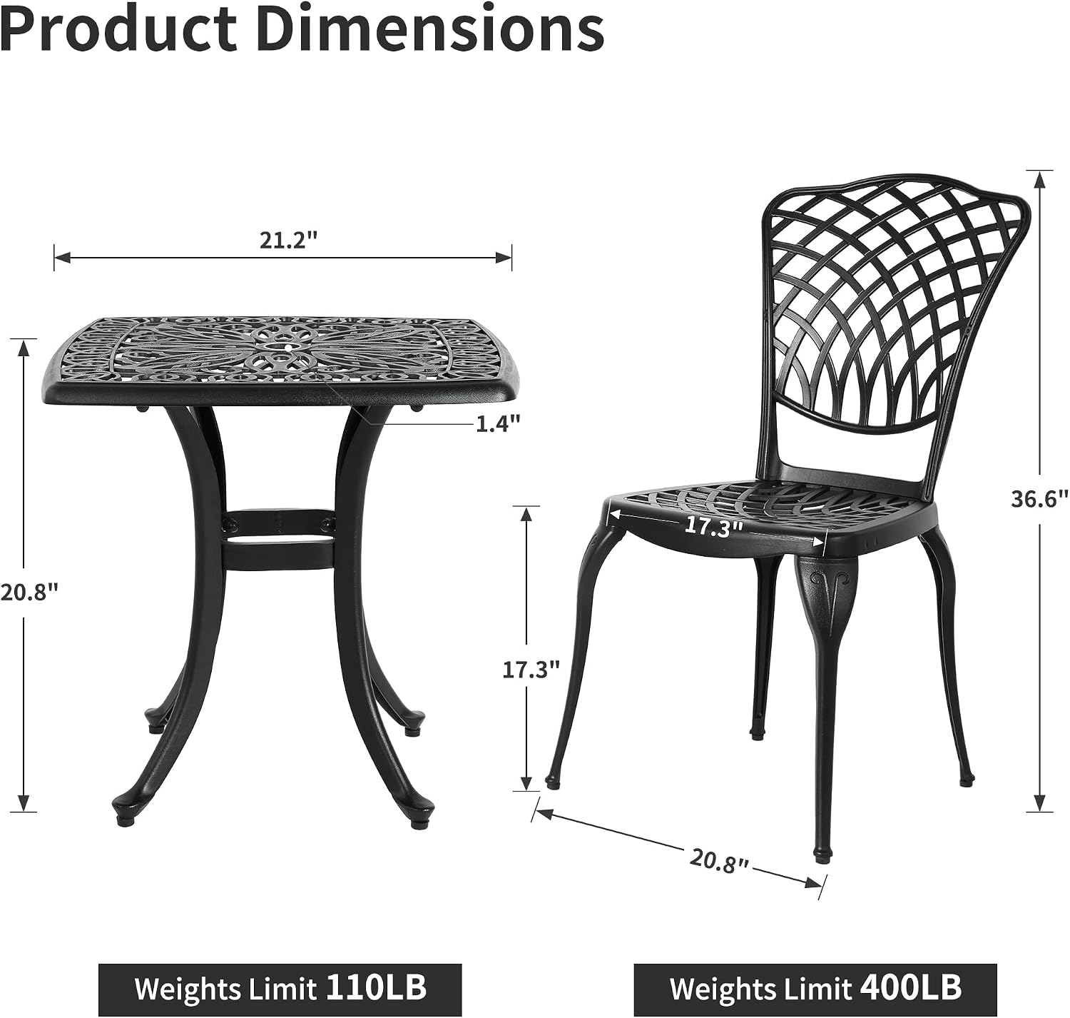 HOMEFUN Thickened Heavy-Duty Cast Aluminum Bistro Set of 2 Outdoor 3 Piece Patio Furniture, Ultra Sturdy Rustproof All-Weather for Garden Balcony, Black