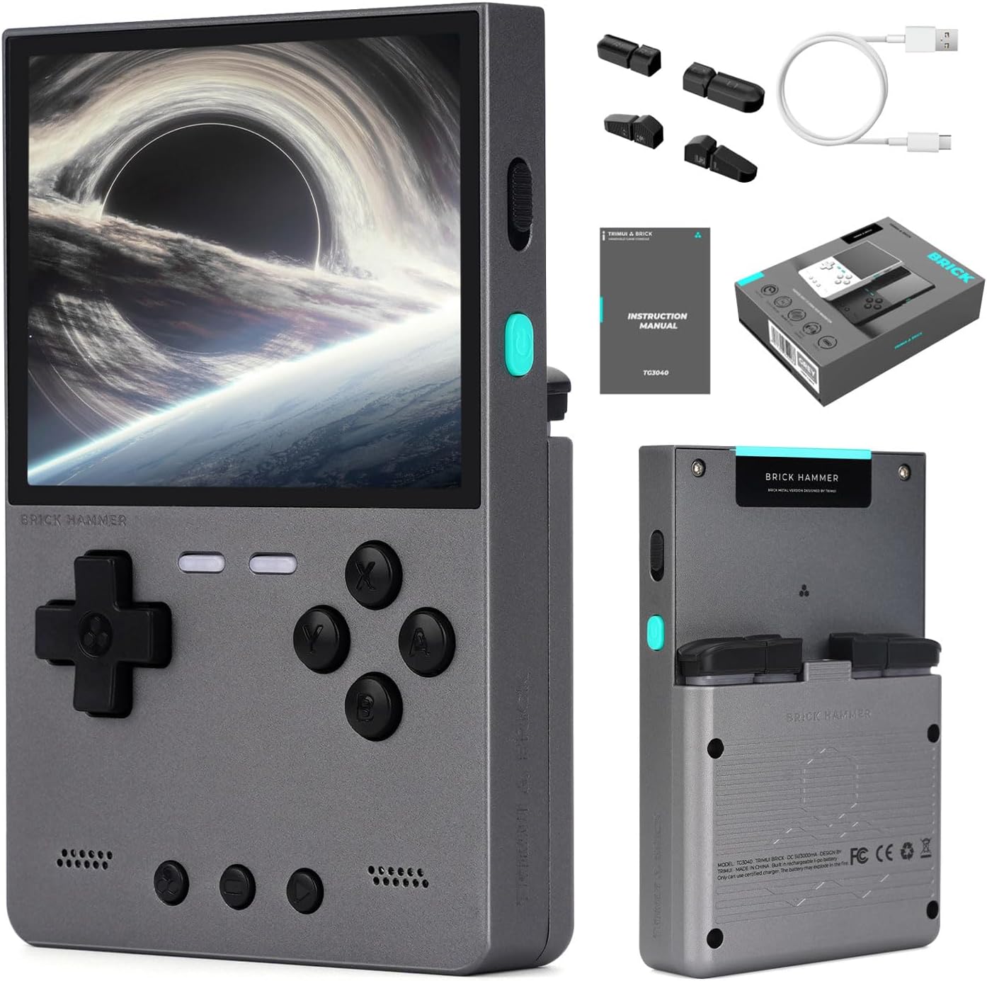 Trimui Brick Hammer Handheld Game Console with 3.2 inch IPS Screen and 3000mAh Battery, Retro Video Games Console with Pre-Installed 64GB TF Card and WiFi Function (Space Gray)
