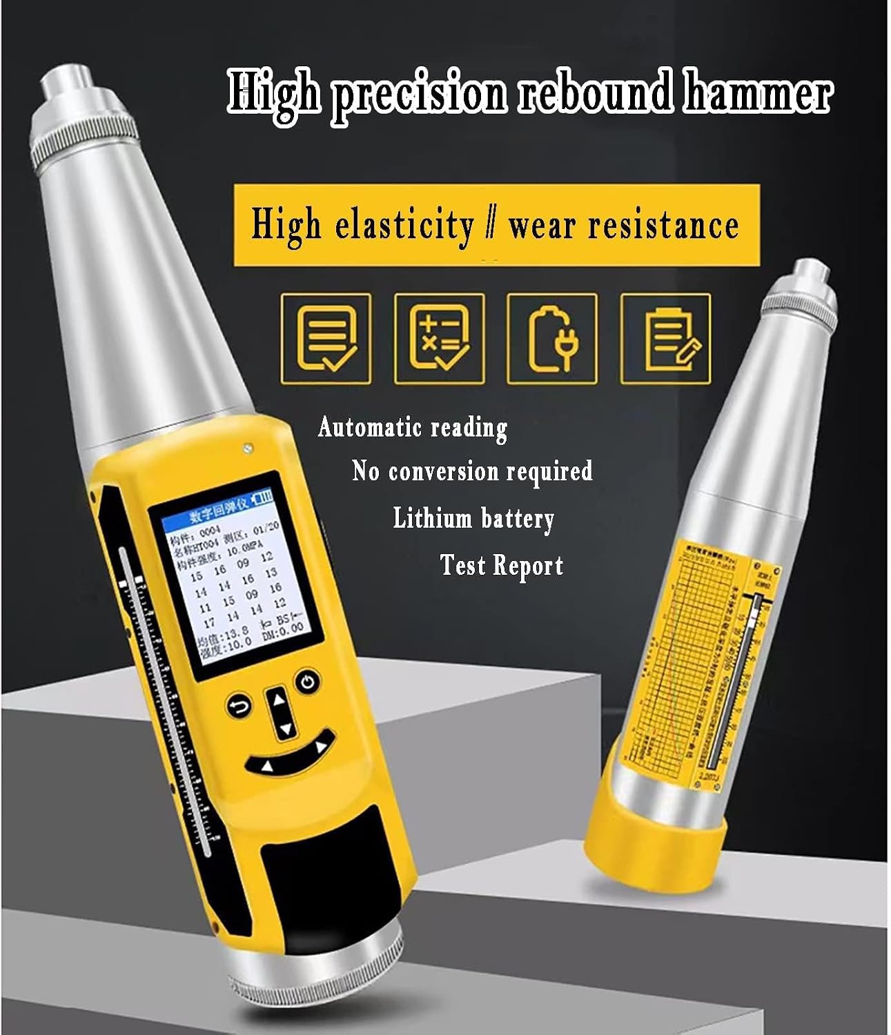 Concrete Rebound Hammer Tester, Resiliometer Test Meter Tool Within The Scope of 1450.38psi-8702.26psi (10-60Mpa) with Wireless Printer, Support Data Export and Voice Broadcast