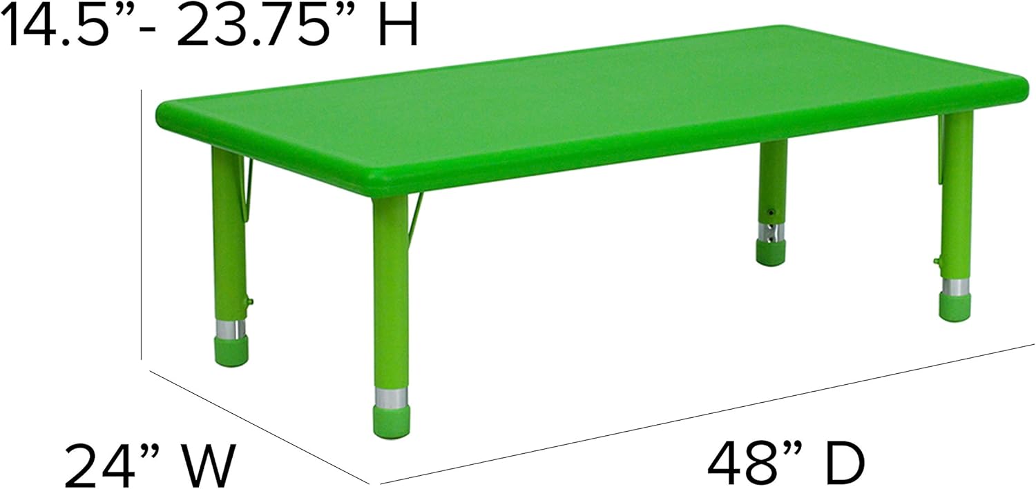 Flash Furniture Emmy 24''W x 48''L Rectangular Green Plastic Height Adjustable Activity Table Set with 6 Chairs
