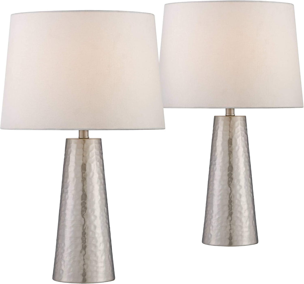 360 Lighting 27 1/2' Tall Cylinder Modern Table Lamps Set of 2 Silver Leaf Finish Hammered Metal Fabric Off-White Shade Living Room Bedroom Bedside Nightstand House Office Home Reading Kitchen