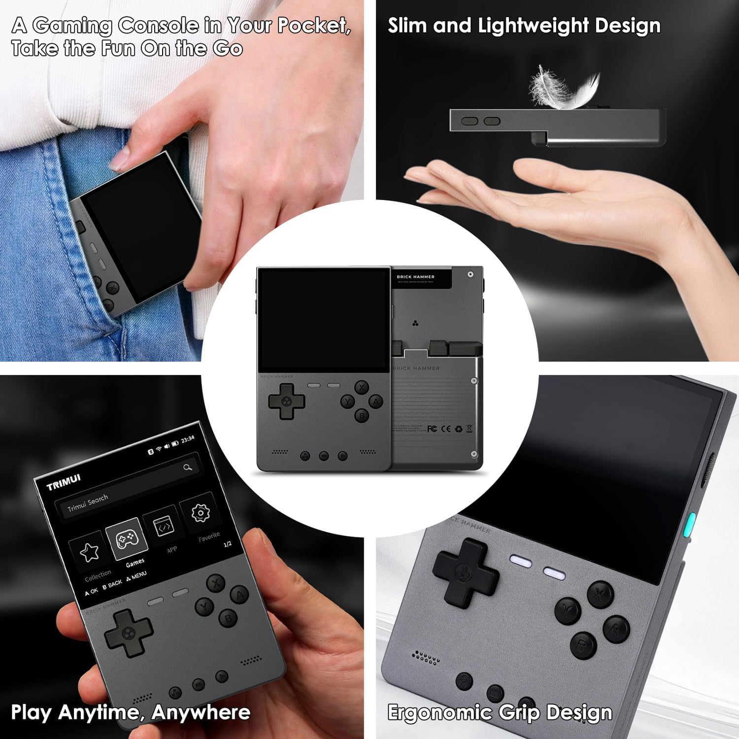 Trimui Brick Hammer Handheld Game Console with 3.2 inch IPS Screen and 3000mAh Battery, Retro Video Games Console with Pre-Installed 64GB TF Card and WiFi Function (Space Gray)
