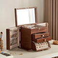 Black Walnut Wooden Jewelry Box, Wood Jewelry Organizer with 2 Side Doors Mirror Lockable Classical for Watch Necklace Ring Earring Ideal Gift-4 Layer with Curved Ring Grooves