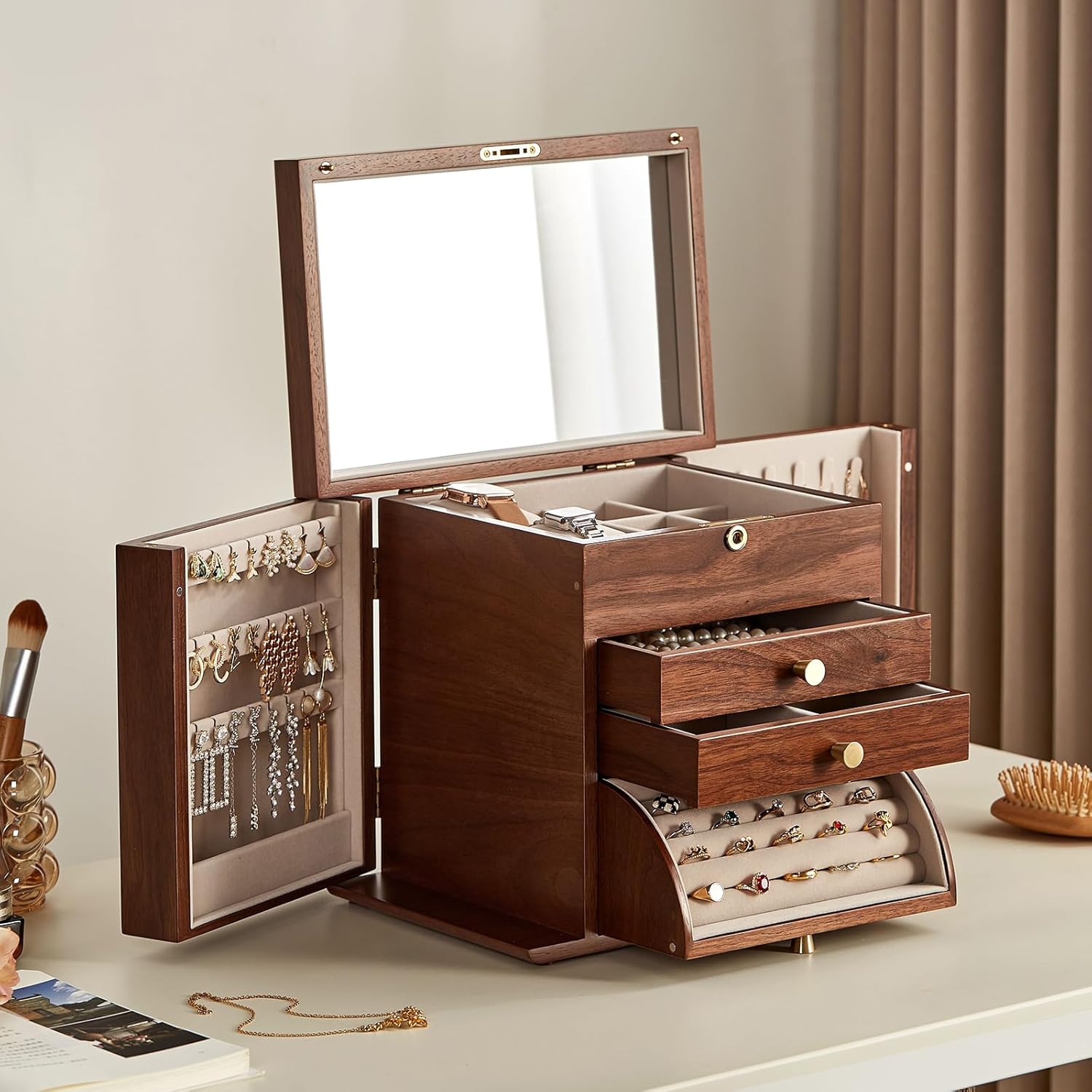Black Walnut Wooden Jewelry Box, Wood Jewelry Organizer with 2 Side Doors Mirror Lockable Classical for Watch Necklace Ring Earring Ideal Gift-4 Layer with Curved Ring Grooves