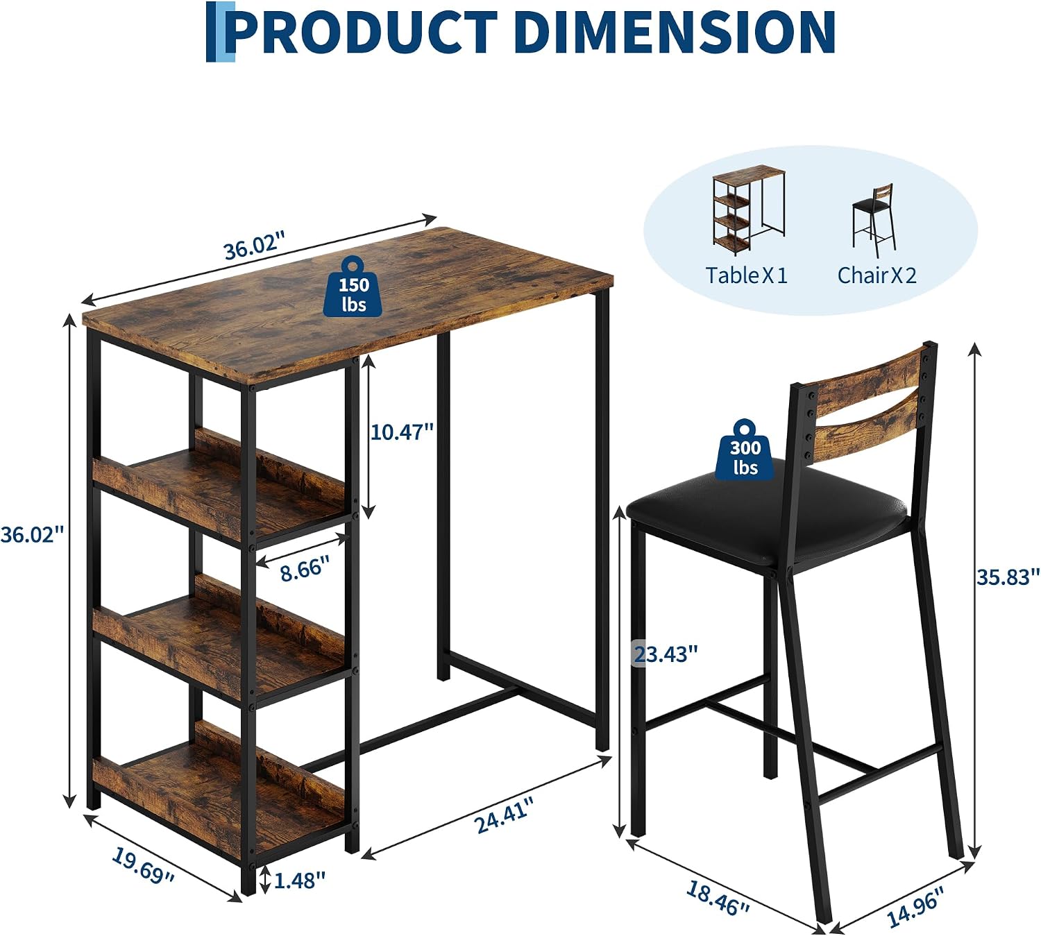 GarveeHome 3-Piece Kitchen Table Set with Storage Shelves & 2 Upholstered Chairs - Iron and Wood Dining Table for Small Spaces, Apartments, Condos, Rustic Brown