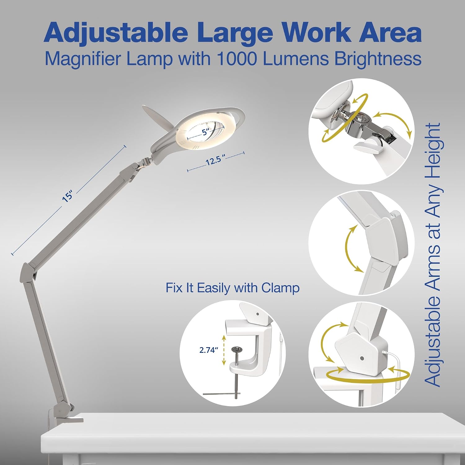 LED Magnifying Lamp with Clamp, 1.75X magnification, Touch Dimmer, 96 SMD LEDs, Adjustable Arm, Dual Warm & Cold Light Modes for Crafts, Reading, Repair (Universal Voltage, Eye Strain Relief)