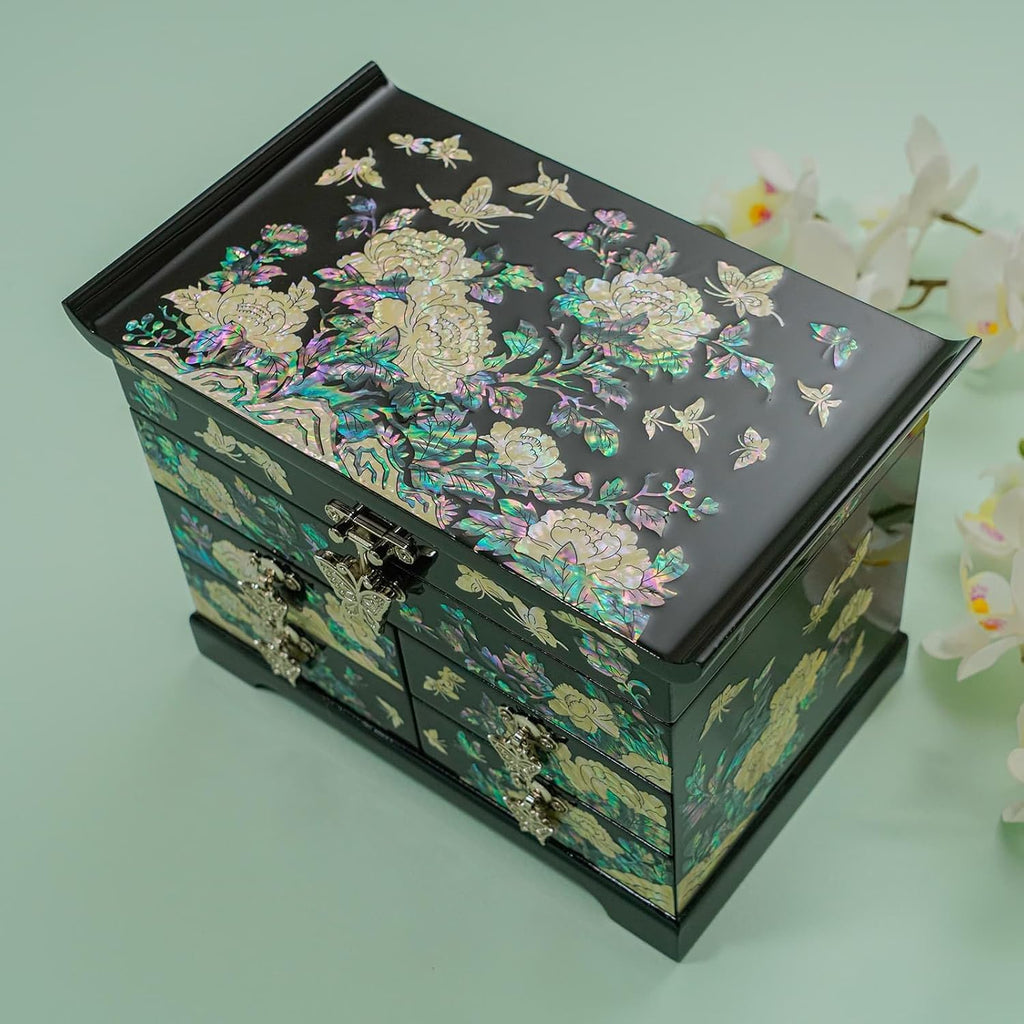 February Mountain Mother of Pearl Jewelry Box with Traditional Mother of Pearl Inlay - Elegant Floral and Butterfly Design for Her