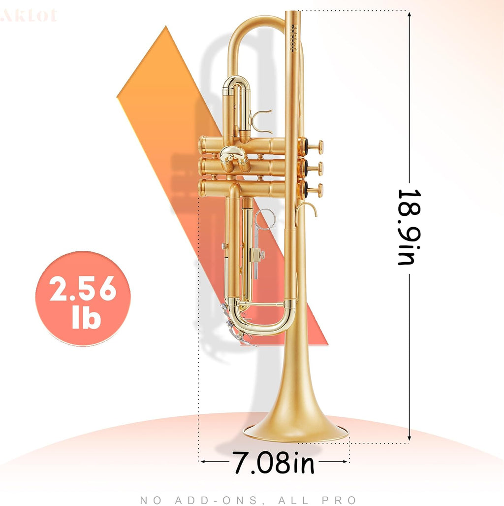 AKLOT Weighted Leadpipe Bb Trumpet: Satin Gold, Mouthpiece Booster, 7C Mouthpiece*2, Beginner & Intermediate Standard Trumpet Instrument, Trompeta Musicales with Hard Case, Lesson Book, Cleaning Kit