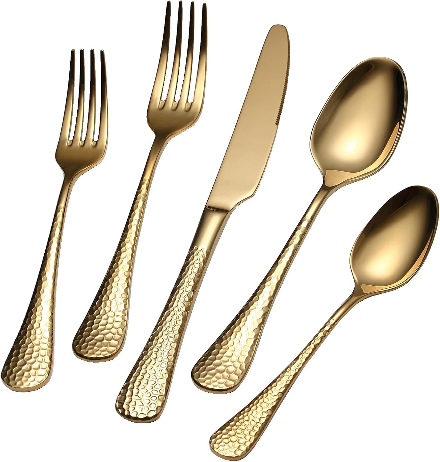 45-Piece Hammered Gold Flatware Set for 8,Premium 18/10 Stainless Steel Silverware Set with 5-Piece Serving Set,Modern Elegant Cutlery Set for Kitchen,Wedding,or Hosting,Dishwasher Safe