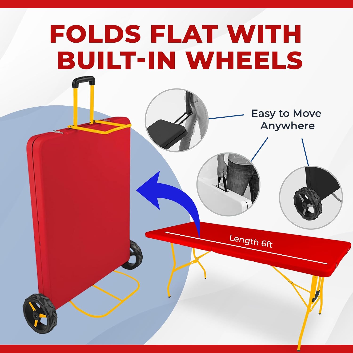6Ft Rolling Folding Table with Built-in Wheels, Durable Plastic, Team Colors, Easy to Carry, Perfect for Camping, Picnic, Tailgating, Party, Indoor/Outdoor Use (Single Table, Yellow & Red)