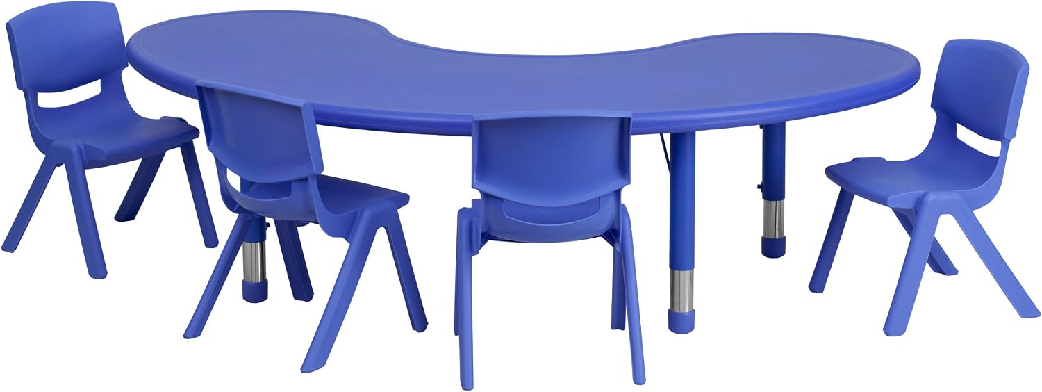 Flash Furniture 35''W x 65''L Half-Moon Blue Plastic Height Adjustable Activity Table Set with 4 Chairs
