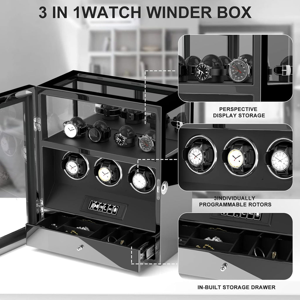 DUKWIN Watch Winder, Fingerprint Lock Automatic Watch Winder for 3/6/9 Watches with 4 Holders,300-2300 TPD,Digital Display, Remote Control,Jewelry Storage and Adjustable Watch Pillow and LED Light