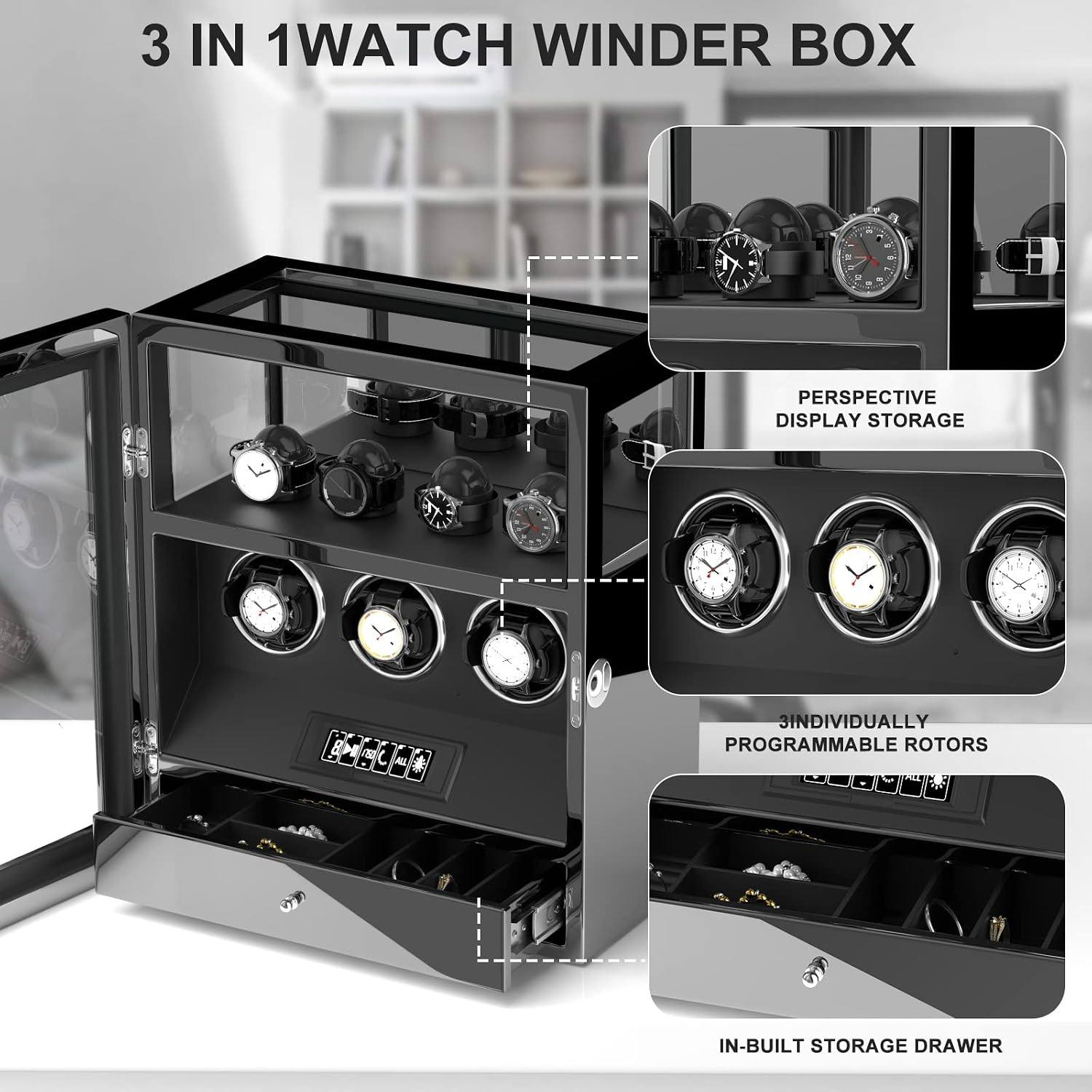 DUKWIN Watch Winder, Fingerprint Lock Automatic Watch Winder for 3/6/9 Watches with 4 Holders,300-2300 TPD,Digital Display, Remote Control,Jewelry Storage and Adjustable Watch Pillow and LED Light