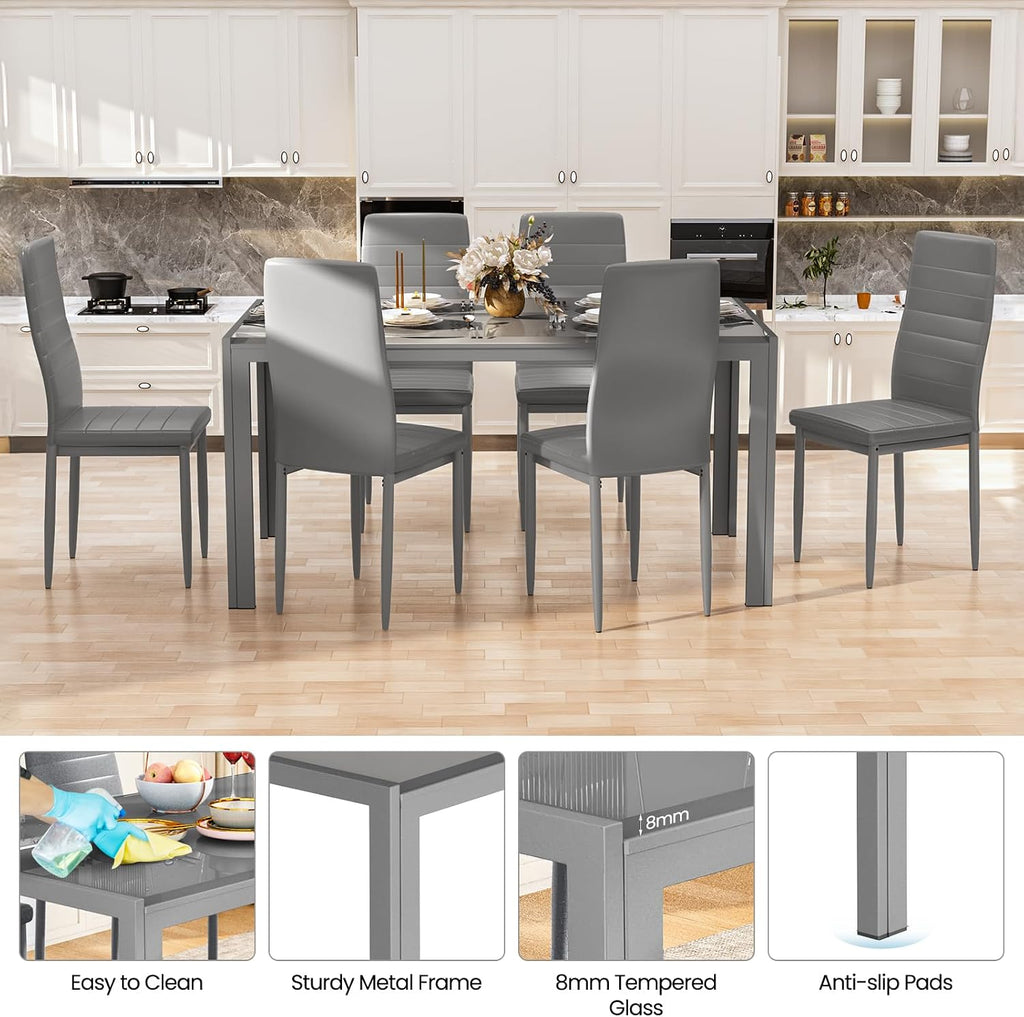 DKLGG 7-Piece Dining Table Set for 6, Tempered Glass Kitchen Table with PU Leather Chairs, Modern Dining Room Table Set for Small Space, Dinette, Apartment, Grey