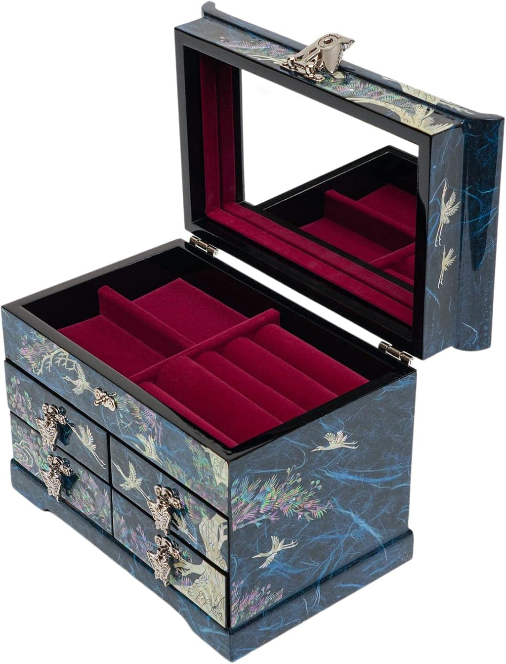 February Mountain Mother of Pearl Wooden Jewelry Organizer Box – Jewelry Storage Box for Women, Features Spacious Drawers, Ideal for Rings, Bracelets, Watches, Chains, Accessories (Crane_Blue)