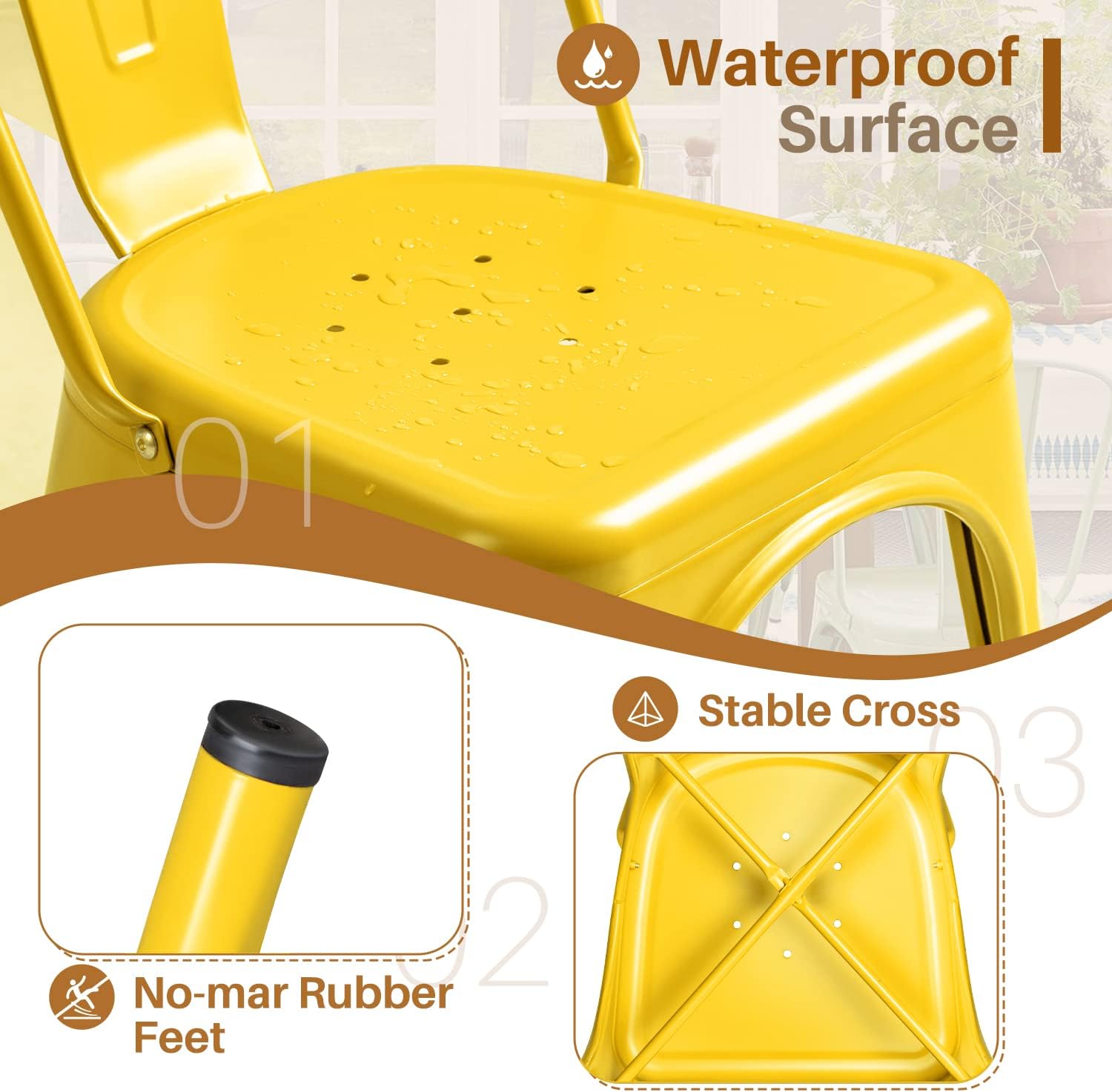 Furmax Metal Dining Chair Indoor Outdoor Use Stackable Classic Trattoria Chair Chic Dining Bistro Cafe Side Metal Chairs Set of 4 (Yellow)