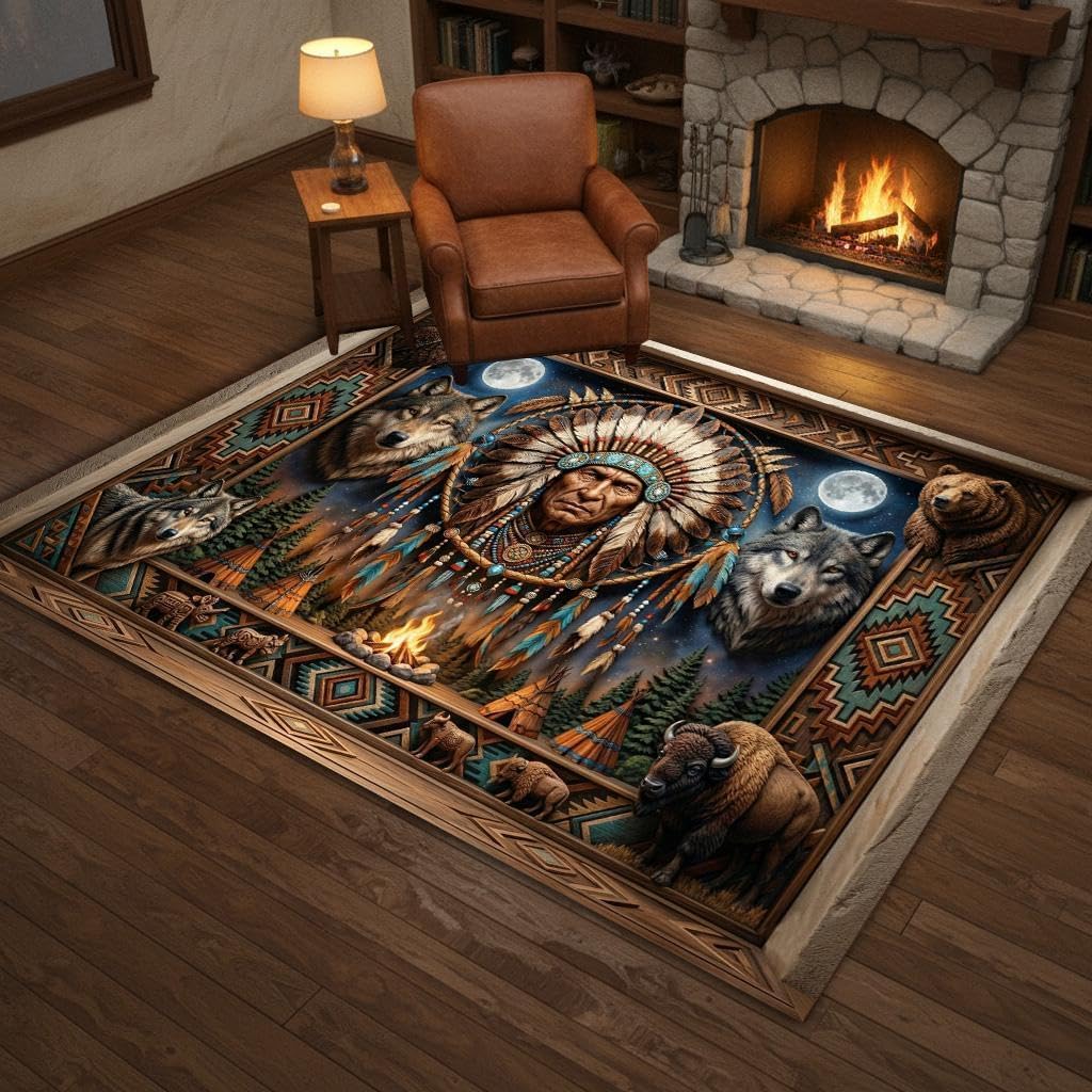 Southwestern Tribal Area Rug Wolf Eagle Bear Buffalo Western Wildlife Carpet, Rustic Lodge Cabin Decor, Non Slip Washable Low Pile Rug for Living Room Bedroom, 5'x8'