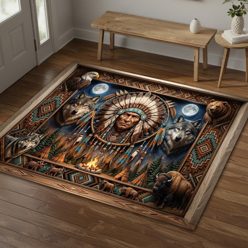 Southwestern Tribal Area Rug Wolf Eagle Bear Buffalo Western Wildlife Carpet, Rustic Lodge Cabin Decor, Non Slip Washable Low Pile Rug for Living Room Bedroom, 5'x8'
