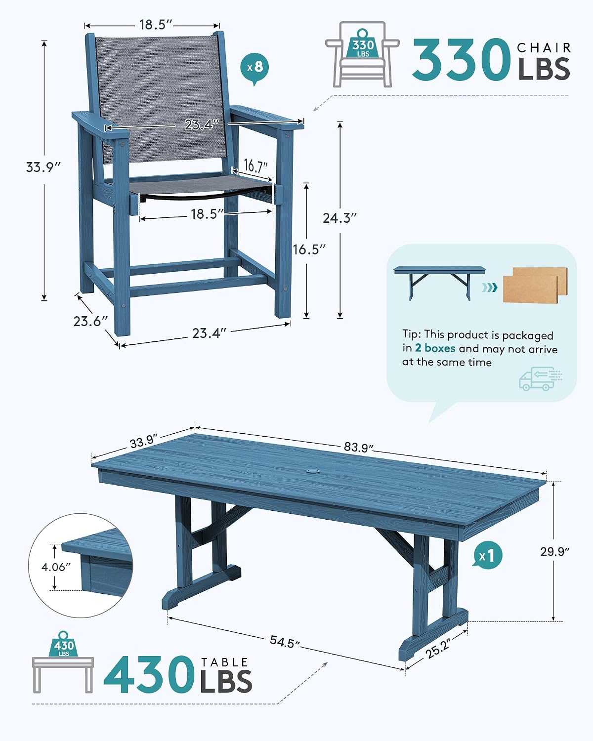 SERWALL 9 Piece Outdoor Dining Set, 84' HDPE Outdoor Large Table and Textilene Sling Chairs for 8，All Weather Patio Dining Furniture Set with Umbrella Hole for Backyard, Garden, Blue