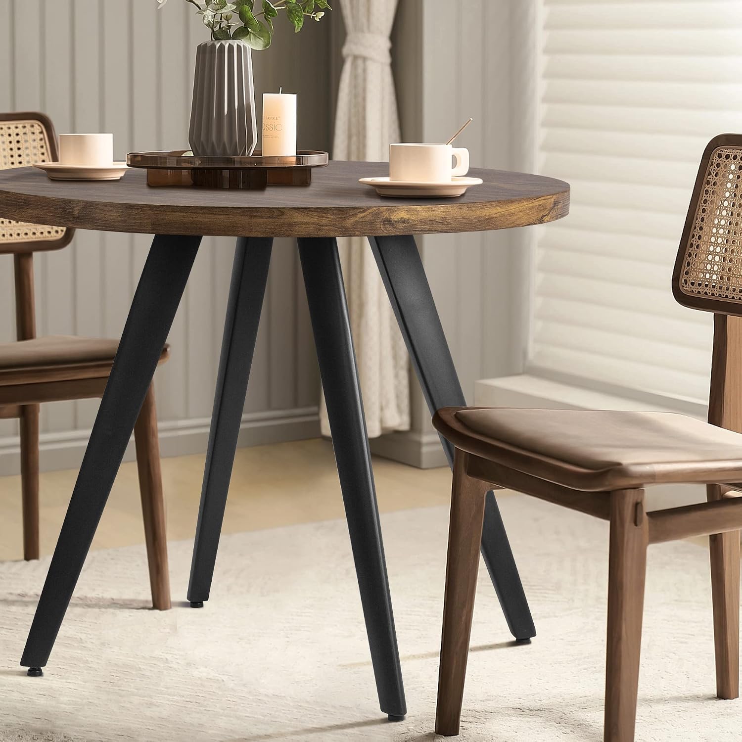 Round Dining Table, Small Dining Table for 2, 31.5' Round Table, Mid-Century Modern Kitchen Table with 1.4' Thickness Wood Grain Tabletop for or Small Space, Dining Room, Kitchen, Rustic Brown