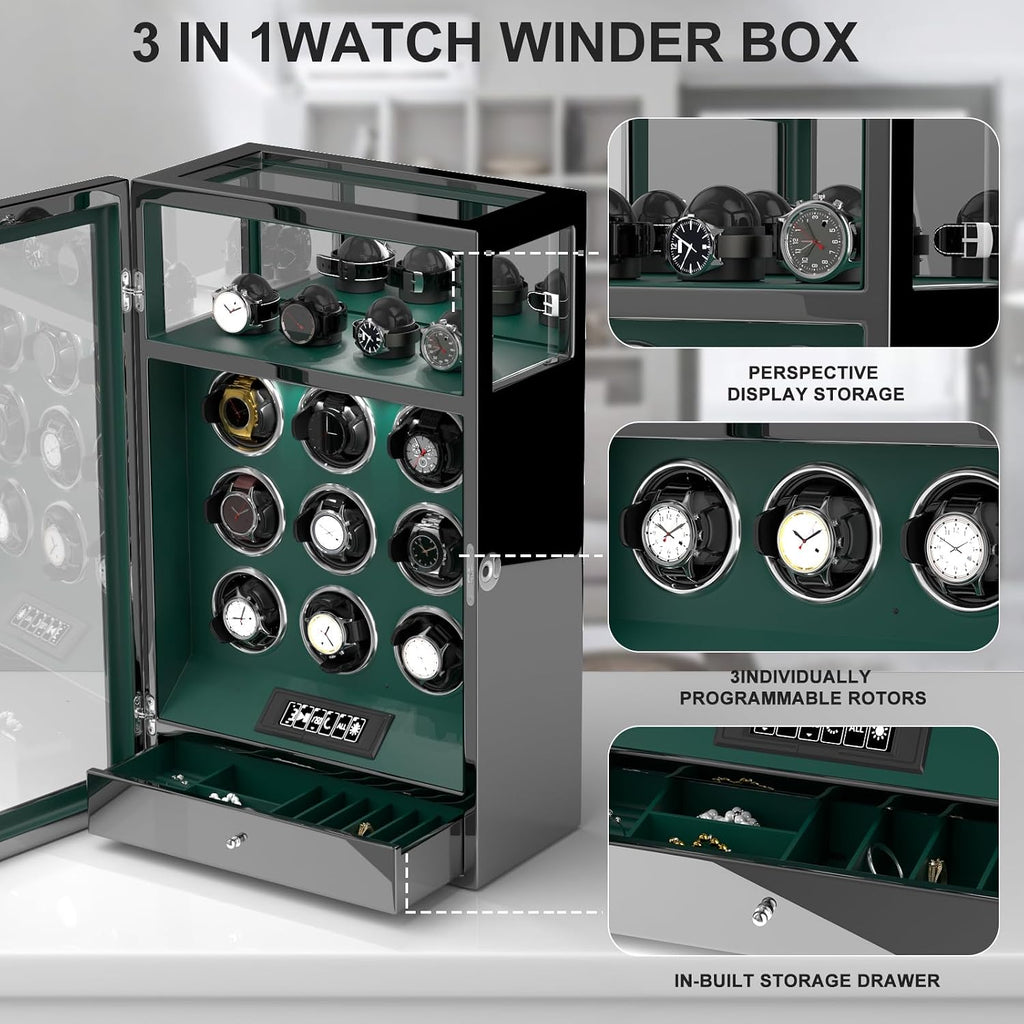 DUKWIN Watch Winder, Fingerprint Lock Automatic Watch Winder for 3/6/9 Watches with 4 Holders,300-2300 TPD,Digital Display, Remote Control,Jewelry Storage and Adjustable Watch Pillow and LED Light