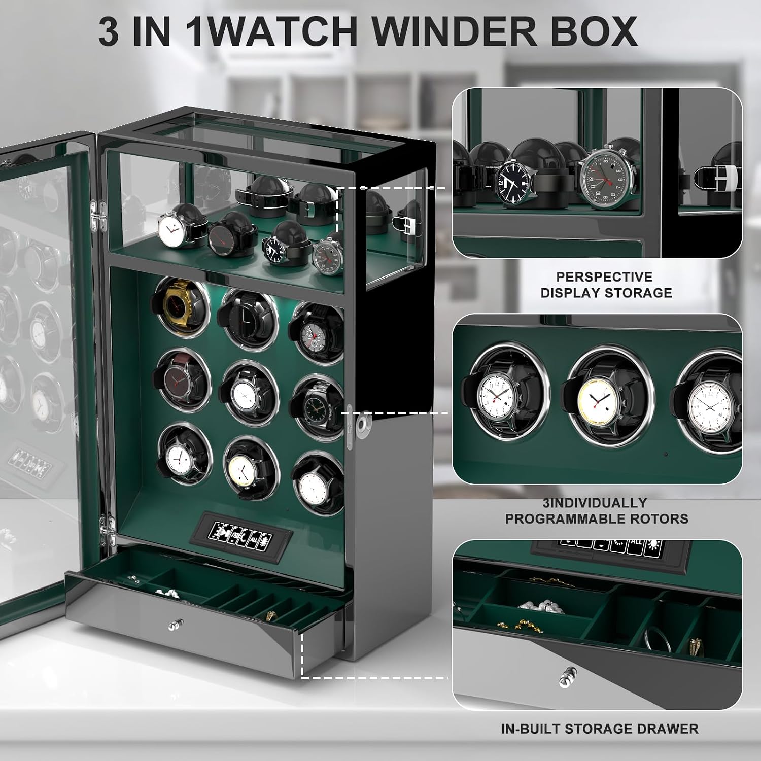 DUKWIN Watch Winder, Fingerprint Lock Automatic Watch Winder for 3/6/9 Watches with 4 Holders,300-2300 TPD,Digital Display, Remote Control,Jewelry Storage and Adjustable Watch Pillow and LED Light