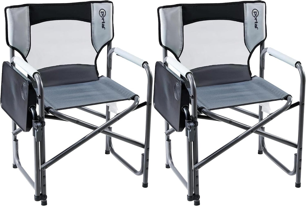 Portal Folding Director Chair with 2-Way Rotating Side Table, Heavy Duty 300 lb Camping Chair with Swivel Tray & Cup Holder, Ergonomic Mesh Back Portable Outdoor Seat for RV, Tailgating & Lawn, Grey