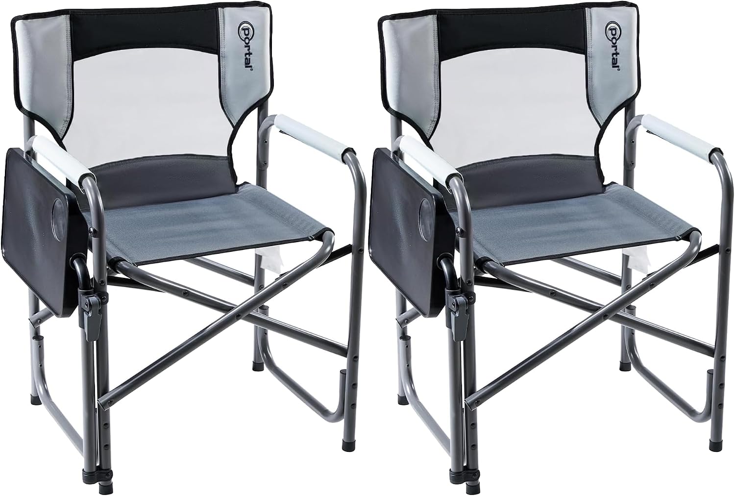 Portal Folding Director Chair with 2-Way Rotating Side Table, Heavy Duty 300 lb Camping Chair with Swivel Tray & Cup Holder, Ergonomic Mesh Back Portable Outdoor Seat for RV, Tailgating & Lawn, Grey
