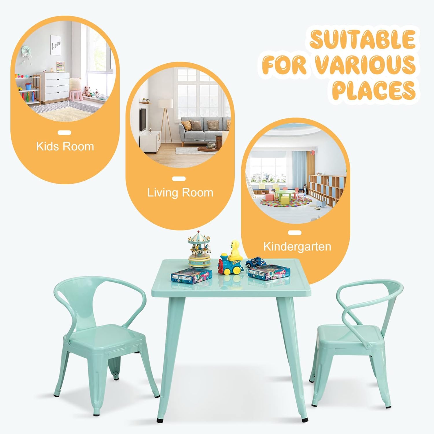 Costzon Kids Table and 2 Chair Set for Indoor/Outdoor Use, Steel Table and Stackable Chairs, Preschool, Bedroom, Playroom, Home, Furniture for Toddlers Boys & Girls(Mint Green, Table & Chairs)