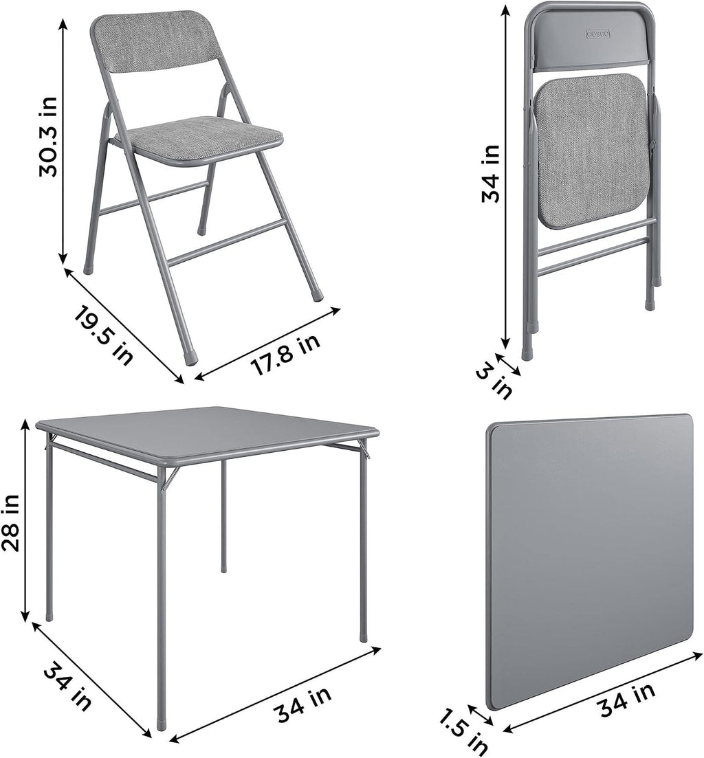 CoscoProducts Premium 5-Piece Table & Chair Dining Set, with 34' Vinyl Top Card Table and 4 Fabric Padded Seat & Back Folding Chairs, Gray