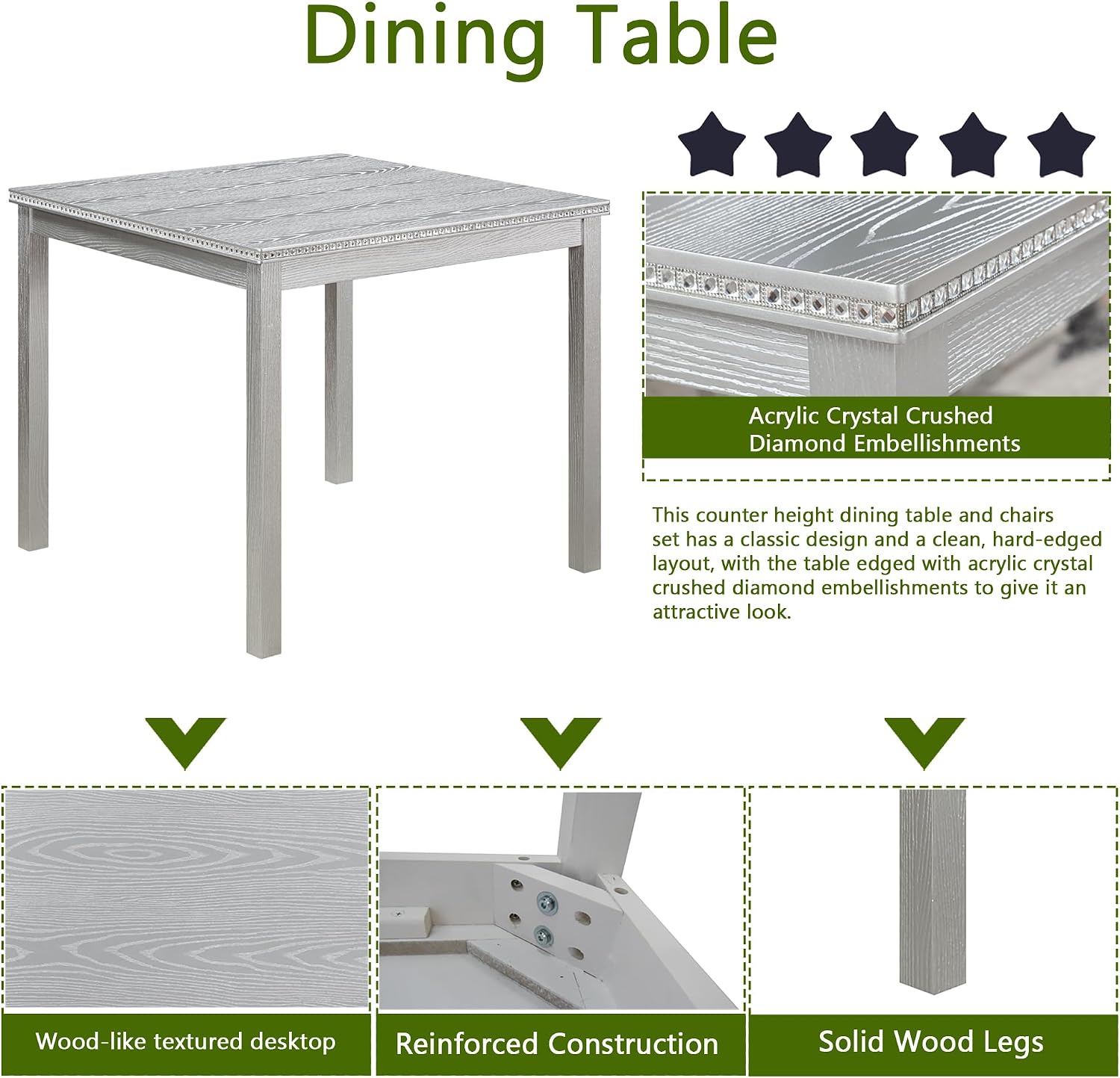 LUMISOL 5 Piece Wooden Dining Table Set, Farmhouse Kitchen Table Set with a Square Table and 4 Upholstered Chairs, Dining Room Table with Crystal Decoration and Chairs Set, Sliver Grey