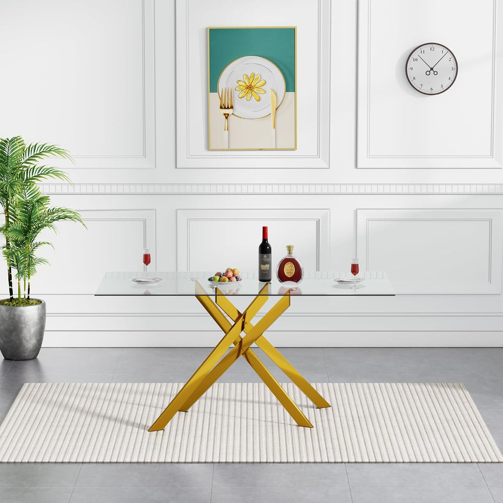 51.2' Glass Dining Table, Modern Kitchen Table for 4-6 People, Contemporary Rectangular Dining Room Dinner Tables with Clear Glass Top & Gold Metal X Legs for Kitchen Apartment