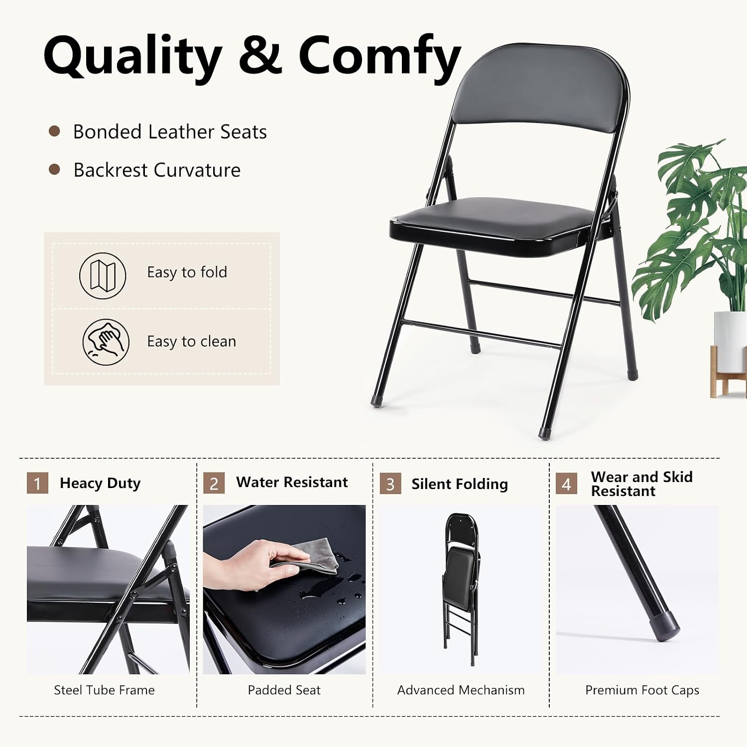 DUMOS 6 Pack Leather Padded Folding Chair, Indoor Outdoor Portable Stackable Commercial Seat with Steel Frame, Capacity for Home, Office, Party, Comfy, Black