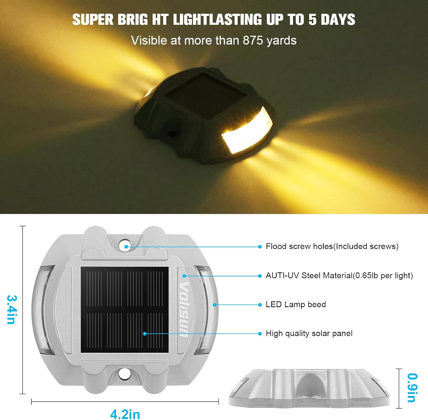 VOLISUN Solar Deck Lights Driveway Dock Light, 12-Pack Led IP68 Waterproof Outdoor Warning Step Lights for Driveway Sidewalk Garden Pathway Yard(Warm White, Auto On/Off