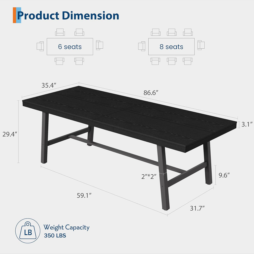 GarveeHome Industrial Dining Table for 8-10 People, 86.61' Long Large Kitchen Table with Sturdy Metal Frame, Rectangular Counter for Dinner, Kitchen, Dining Room (Black, 87' Non-extendable)