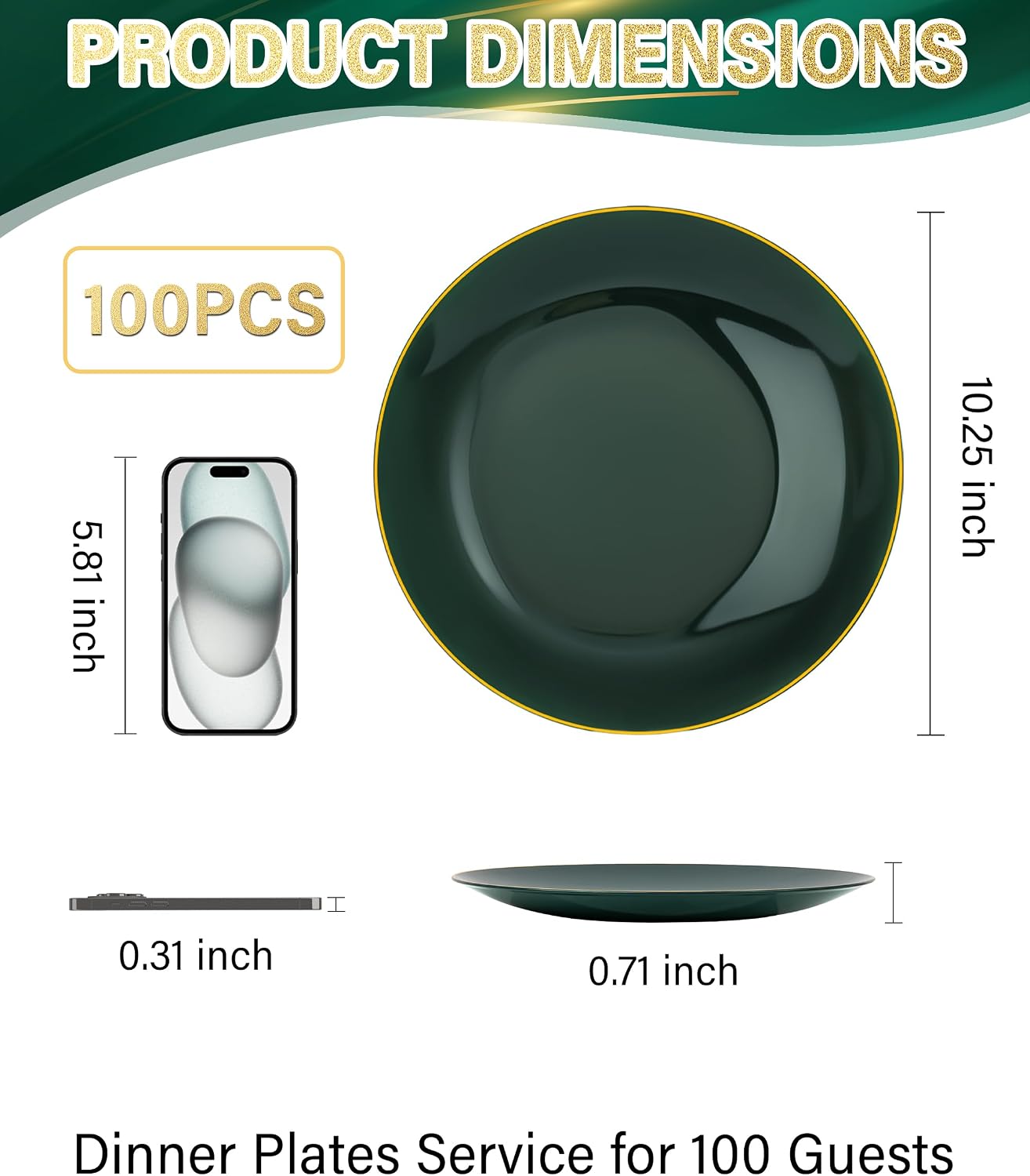 Nervure 100Pcs Green and Gold Plastic Plates - 10.25inch Disposable Green Dinner Plates - Heavy Duty Plastic Plate Ideal for Wedding & Party (Pack of 2)