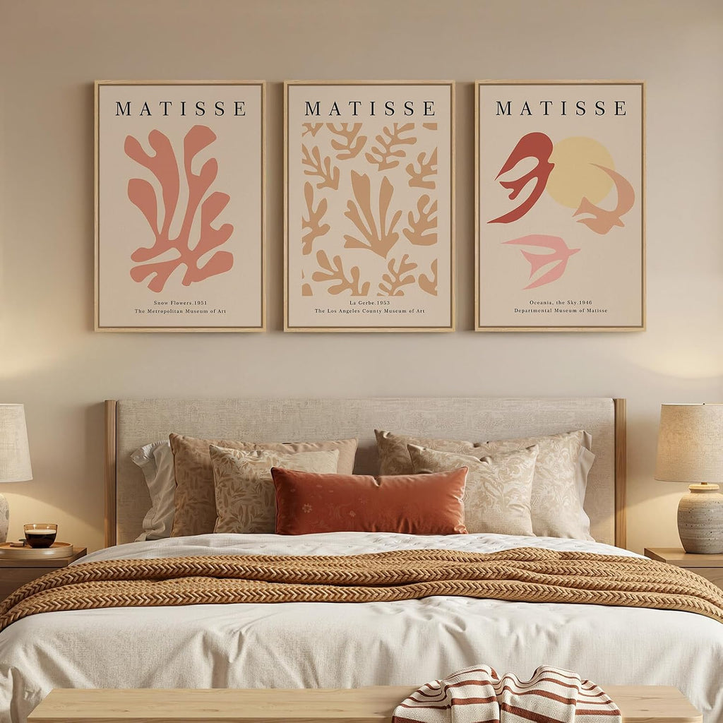 Framed Large Matisse Abstract Wall Art Set of 3, Vintage Neutral Pink Floral Botanical Canvas Prints, Classical Matisse Paintings Pictures for Living Room, Bedroom, Hallway, Office Decor, Total Size 30x60 In