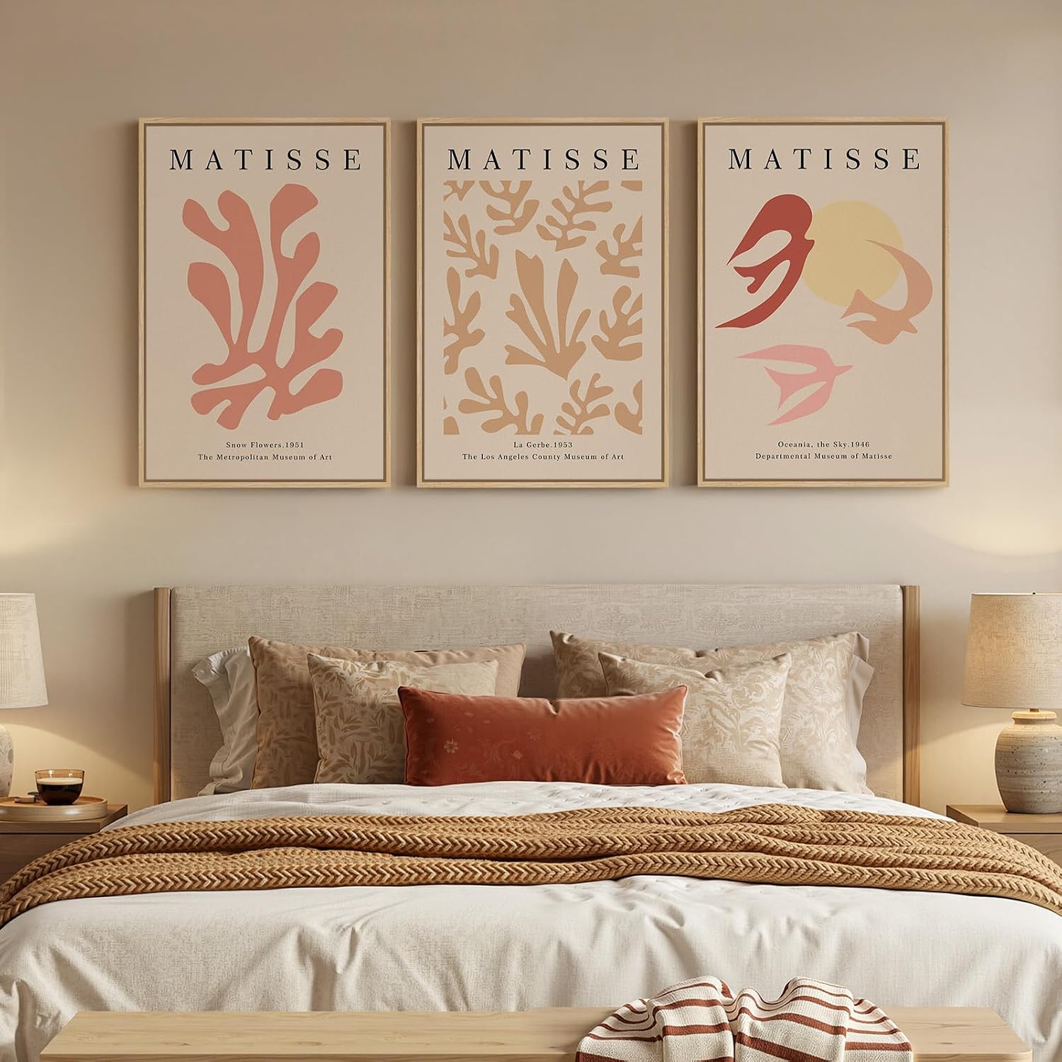 Framed Large Matisse Abstract Wall Art Set of 3, Vintage Neutral Pink Floral Botanical Canvas Prints, Classical Matisse Paintings Pictures for Living Room, Bedroom, Hallway, Office Decor, Total Size 30x60 In