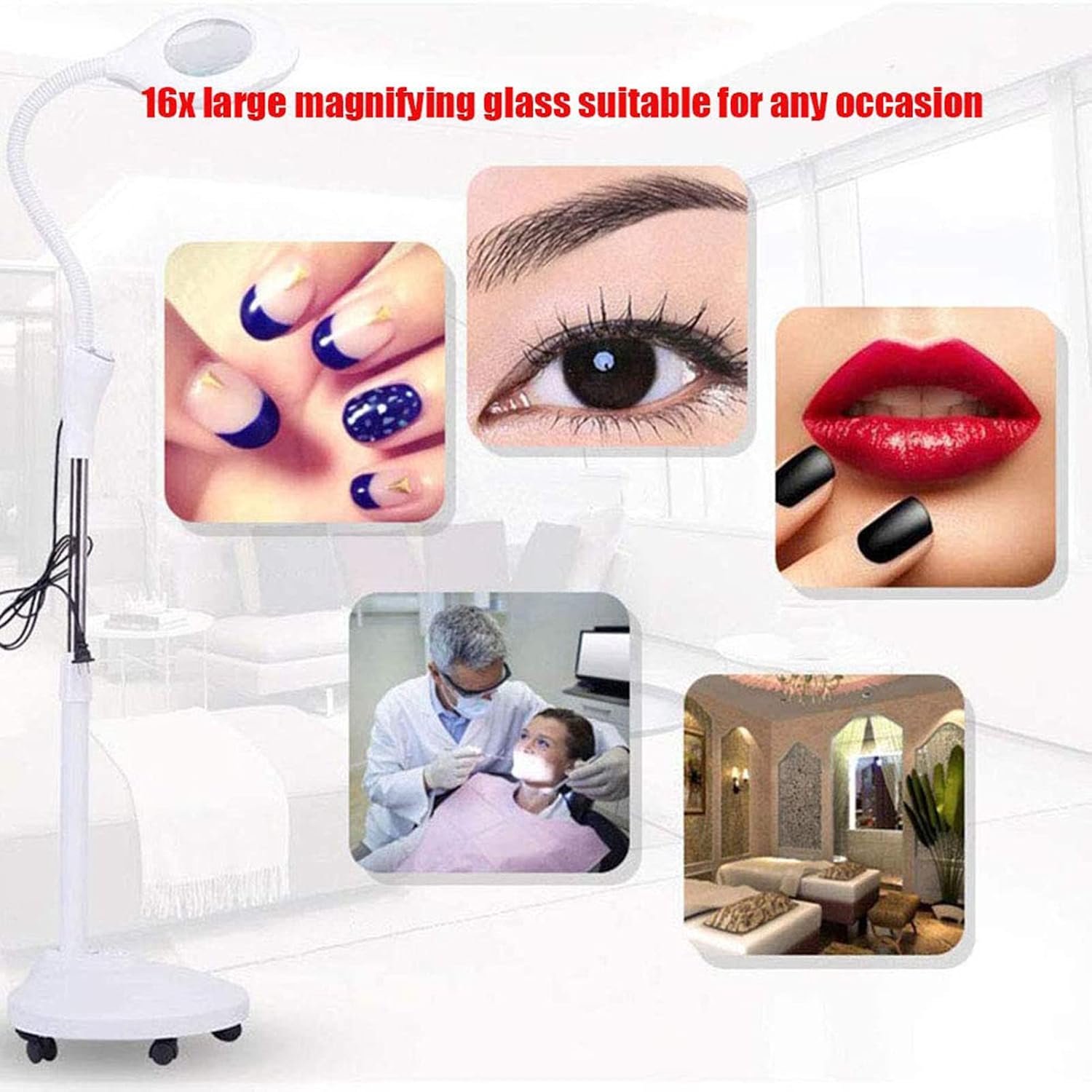 Magnifying Glass,LED Floor Standing Magnifying Lamp, Lamp, with Rolling Floor Stand Magnifier Floor Cold Light Magnifier for Embroidery Adjustable Arm Adjustable Beauty Salon