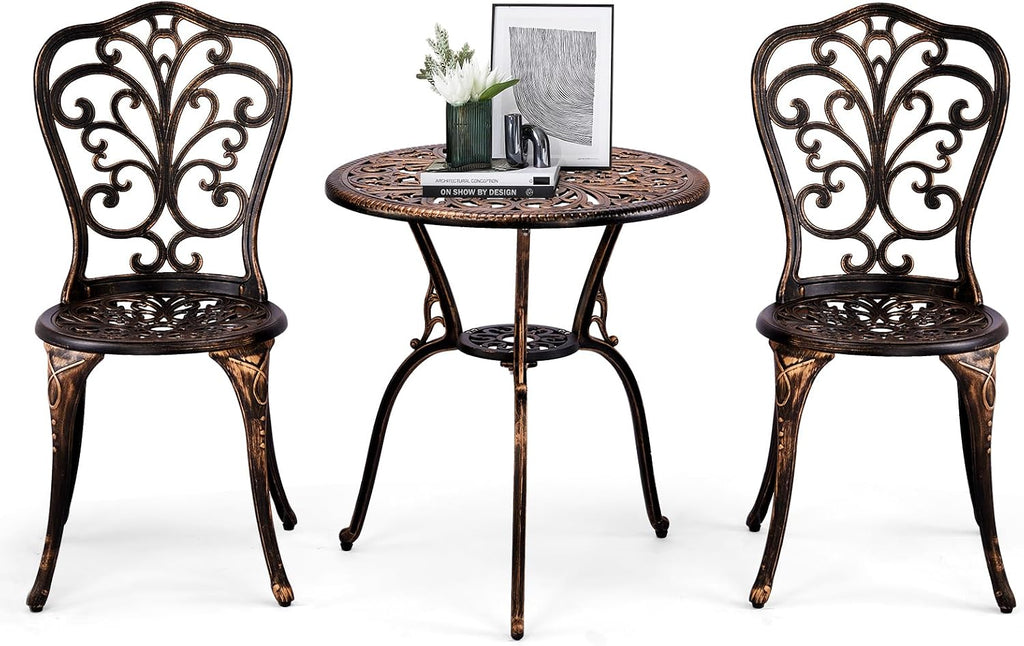 VINGLI 3 PCS Outdoor Bistro Set, Outdoor Patio Set, All-Weather Cast Aluminum Bistro Table Set, Bistro Table and Chairs Set of 2 for Backyard, Garden, Balcony (Bronze, Butterfly)