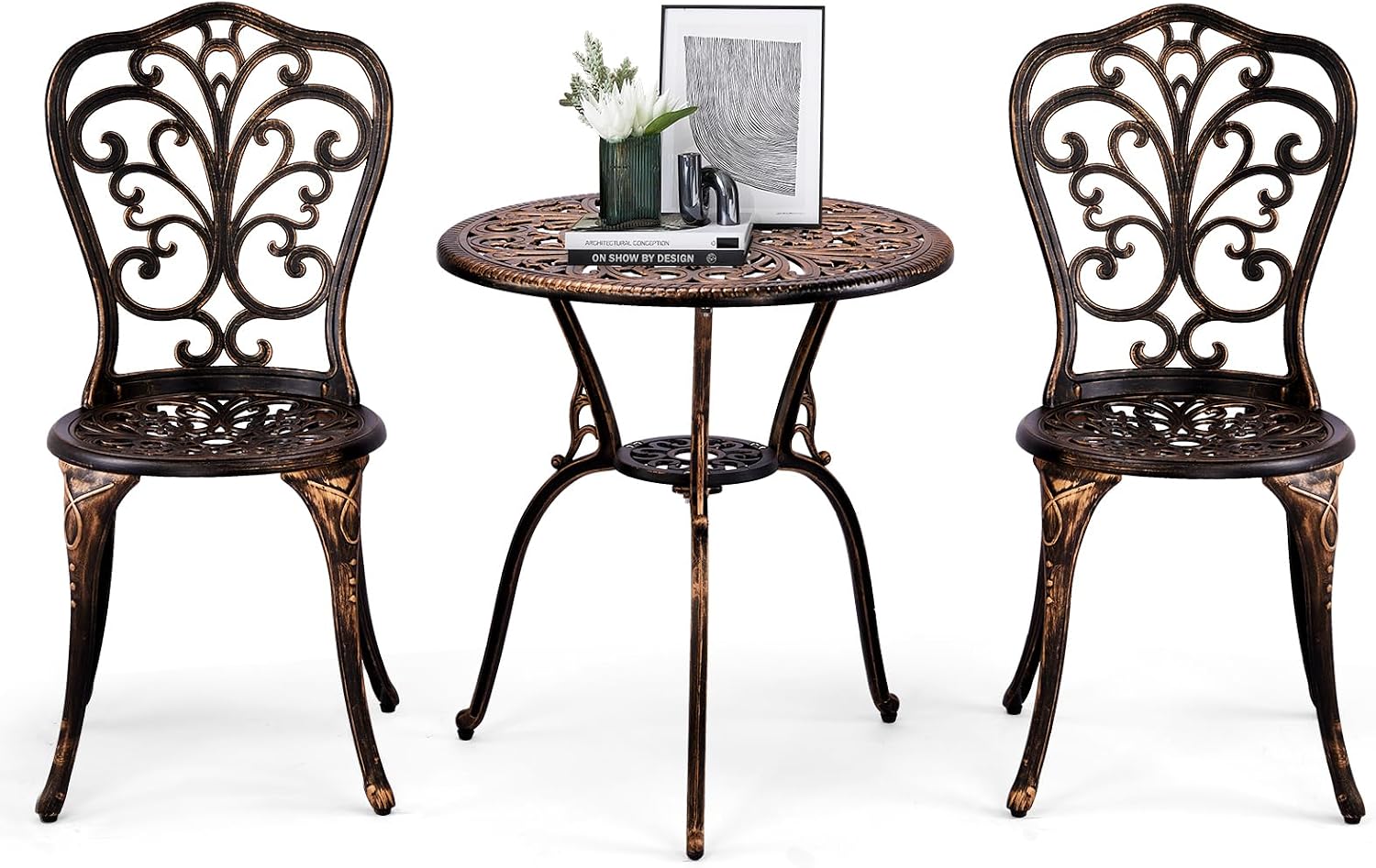 VINGLI 3 PCS Outdoor Bistro Set, Outdoor Patio Set, All-Weather Cast Aluminum Bistro Table Set, Bistro Table and Chairs Set of 2 for Backyard, Garden, Balcony (Bronze, Butterfly)