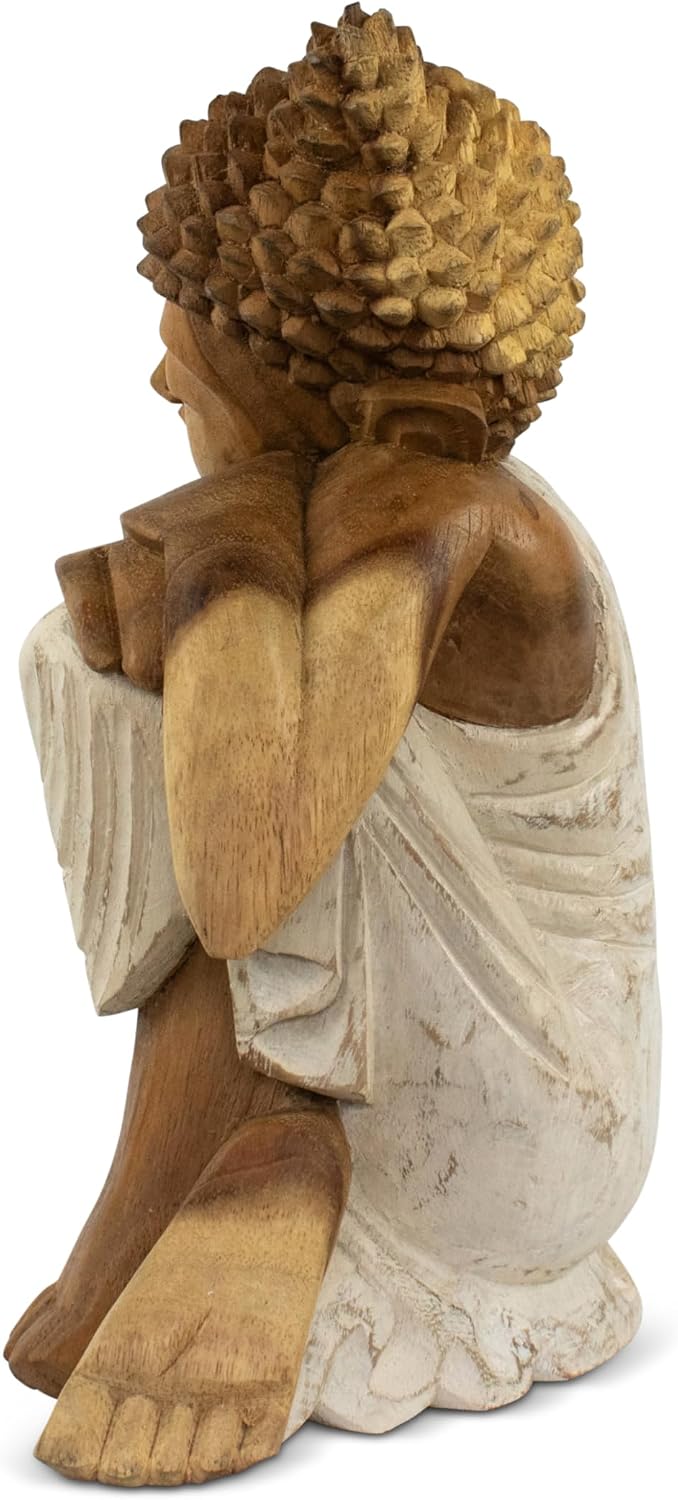 G6 Collection Wooden Serene Sleeping Buddha Statue Hand Carved Figurine Home Decor (16' Tall – Whitewashed)