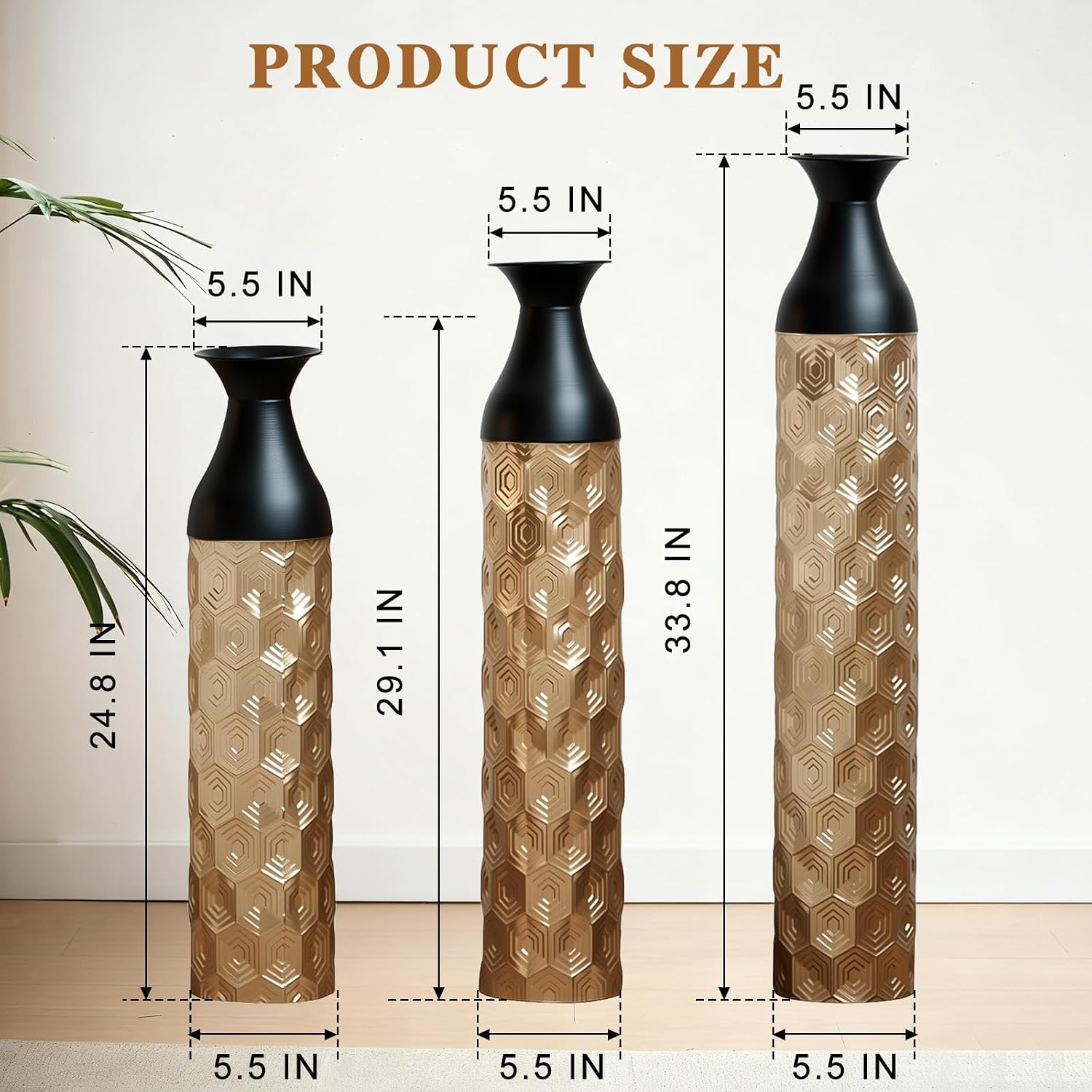 Floor Metal Decorated Vases Set of 3 for Gorgeous Home Decoration Large Glazed Metal Vases (Black+Gold)