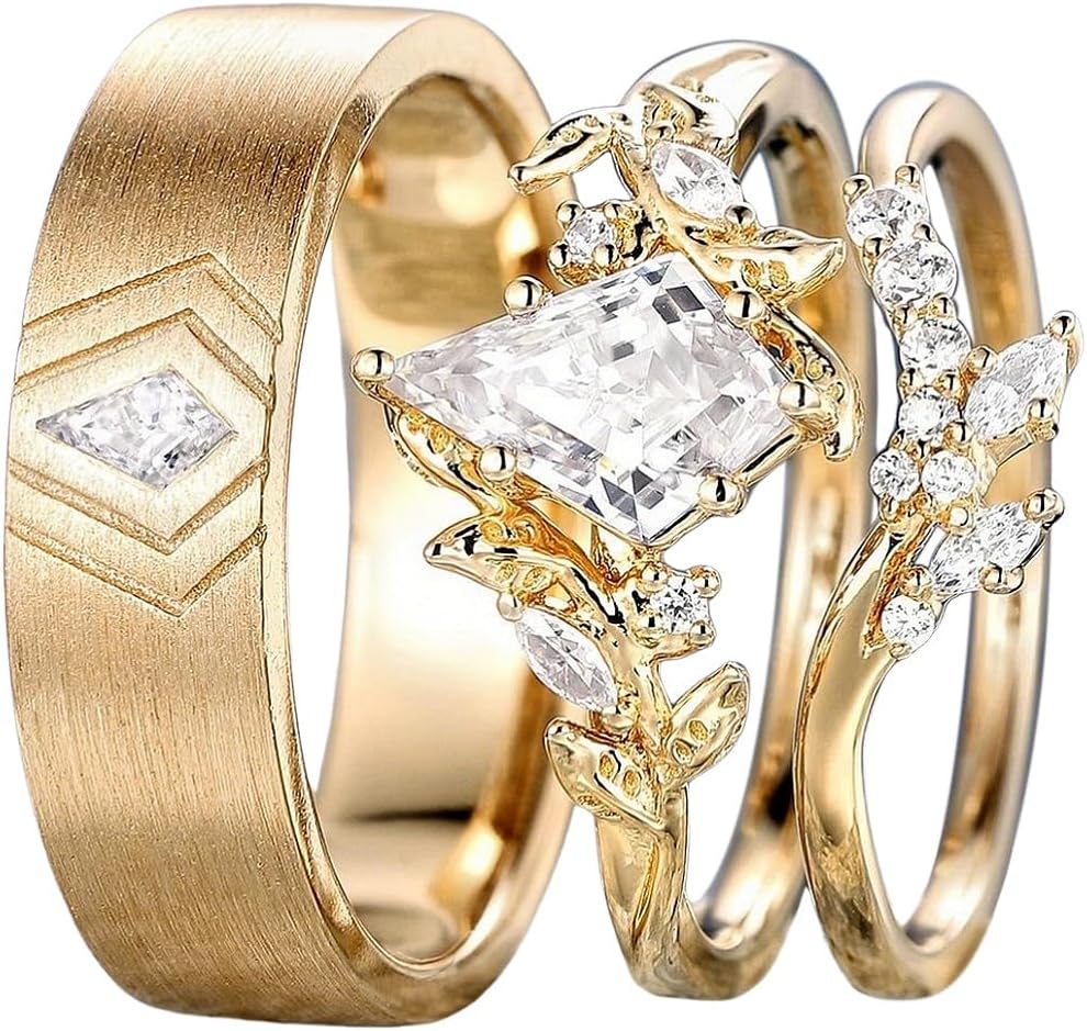 SISGEM Moissanite Couple Rings Set, 10K 14K 18K Solid Gold Moissanite Wedding Rings for Him And Her, Vintage Leaf/Branch Wedding Bands Matching Couple Rings Anniversary Jewelry Gift for Women And Men