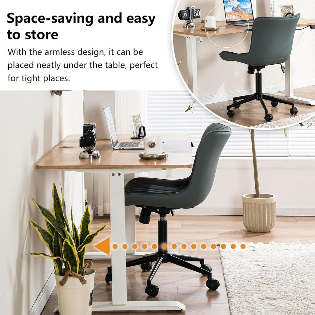 YOUNIKE Ergonomic Armless Office Chair Faux Leather Small Cute Desk Chair with 12° Rocking Back Adjustable Height Swivel Vanity Chair Compact Computer Rolling Task Chair for Small Spaces Greyish Green