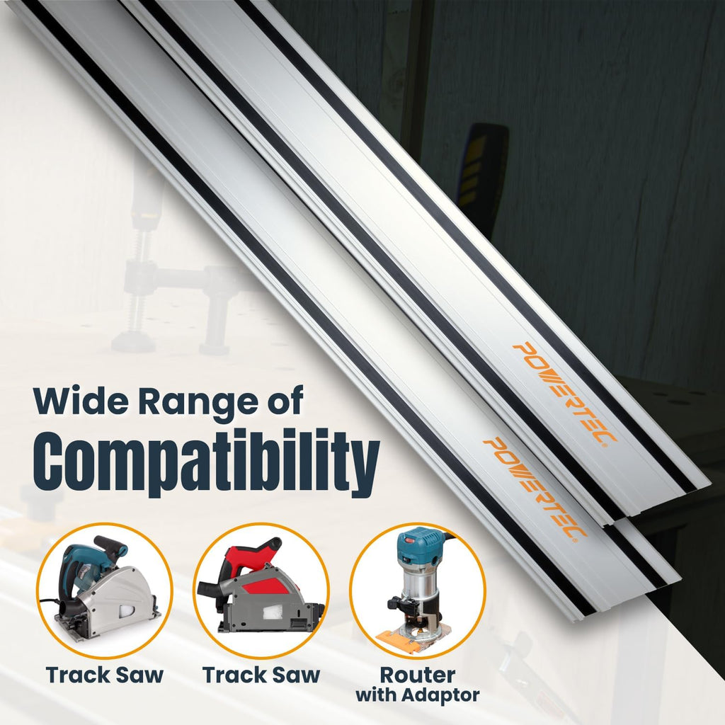 POWERTEC 110' Track Saw Guide Rail Joining Set for Milwaukee Track Saws - Includes 2x55' Aluminum Extruded Rails and Connectors for Woodworking Projects, 71871